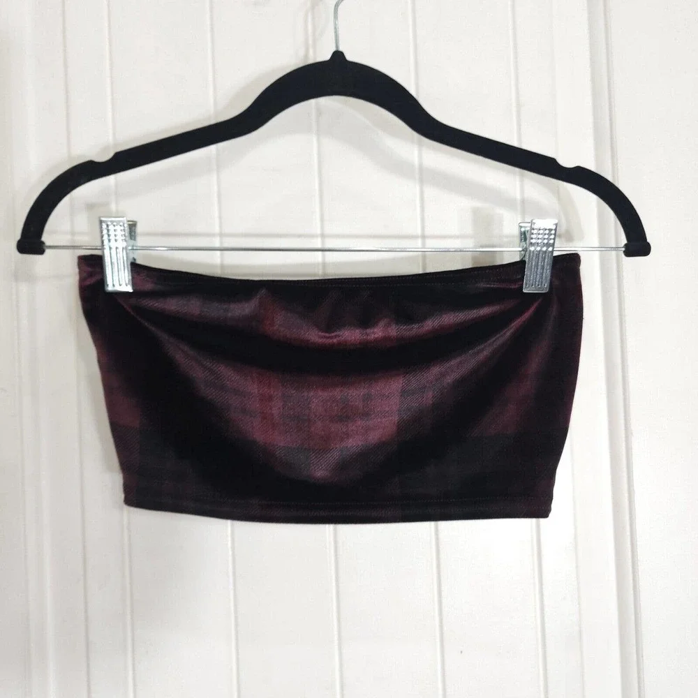 Nasty Gal Womens Pants Top Set Plaid About You Maroon Co Ord Velvet Velour Sz 4 - Picture 10 of 11